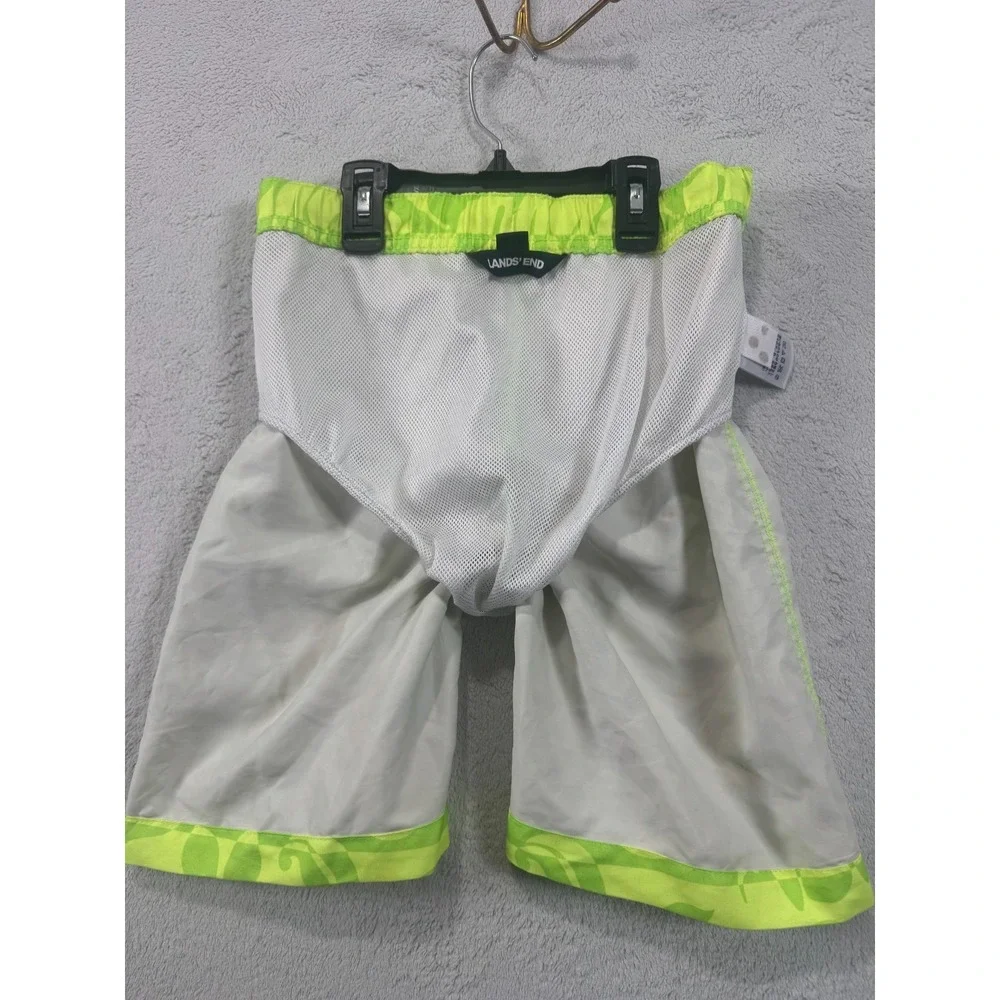 Lands' End Swim Trunks Boys L 10-12 Neon Green Tropical Floral Mesh Lined UPF 50